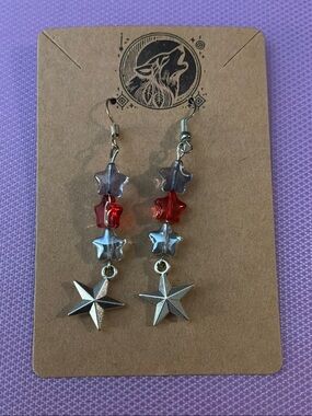 Silver Star Drop Earrings with Red and Clear Star Beads